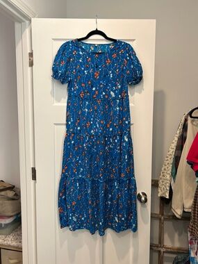 Blue Floral Tiered Midi Dress